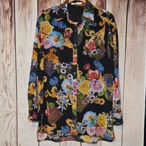 Vipavadee Womens Tailored Lined Black Floral Blouse Medium